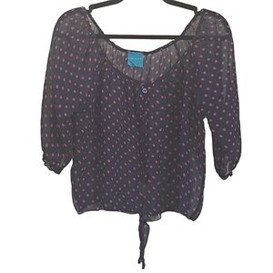 Color of Love Sheer Blouse Navy with Pink Polka Dot Size Medium